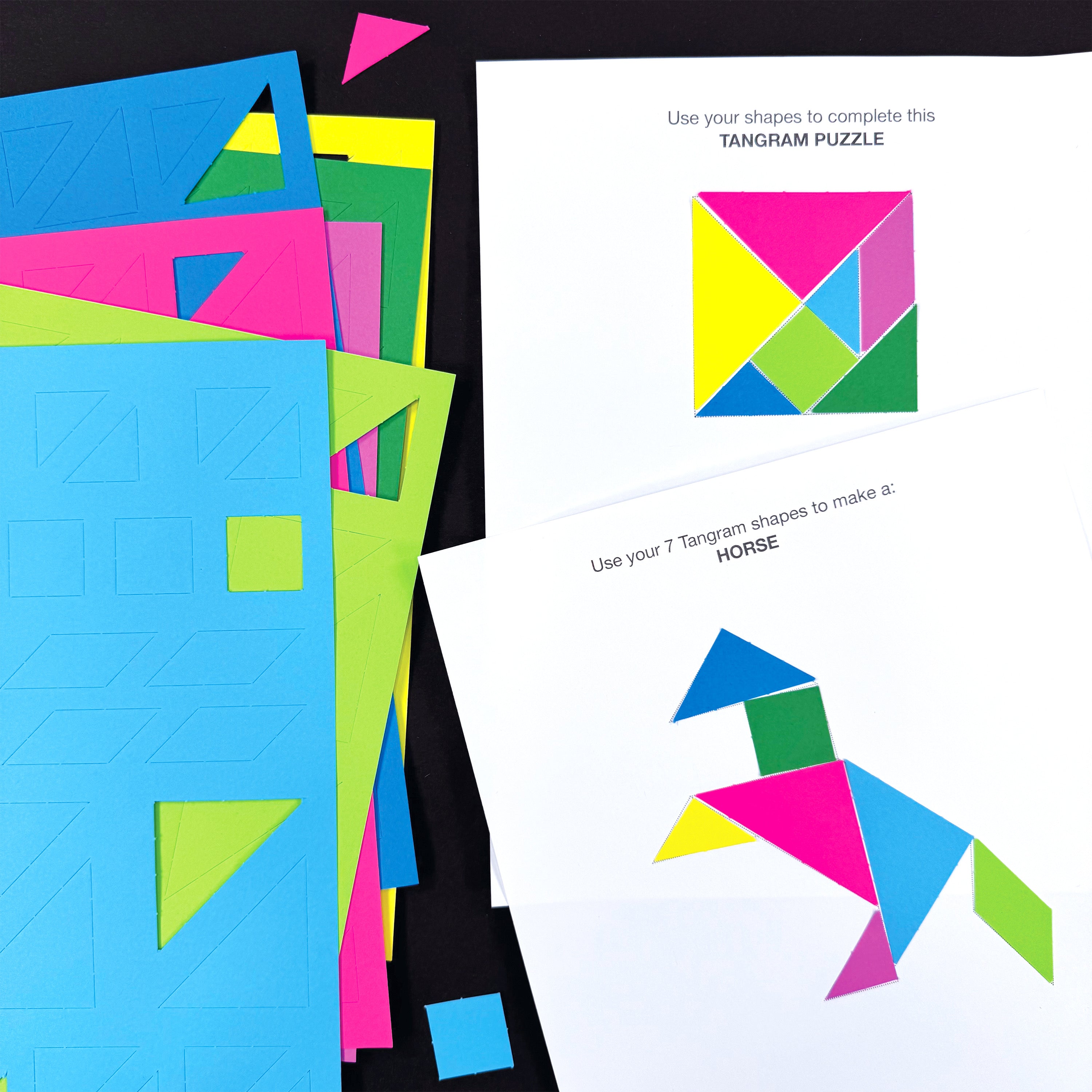 Tangram shapes kit for creative art crafts—714 pieces of paper cutouts to explore learning shapes and craft projects.